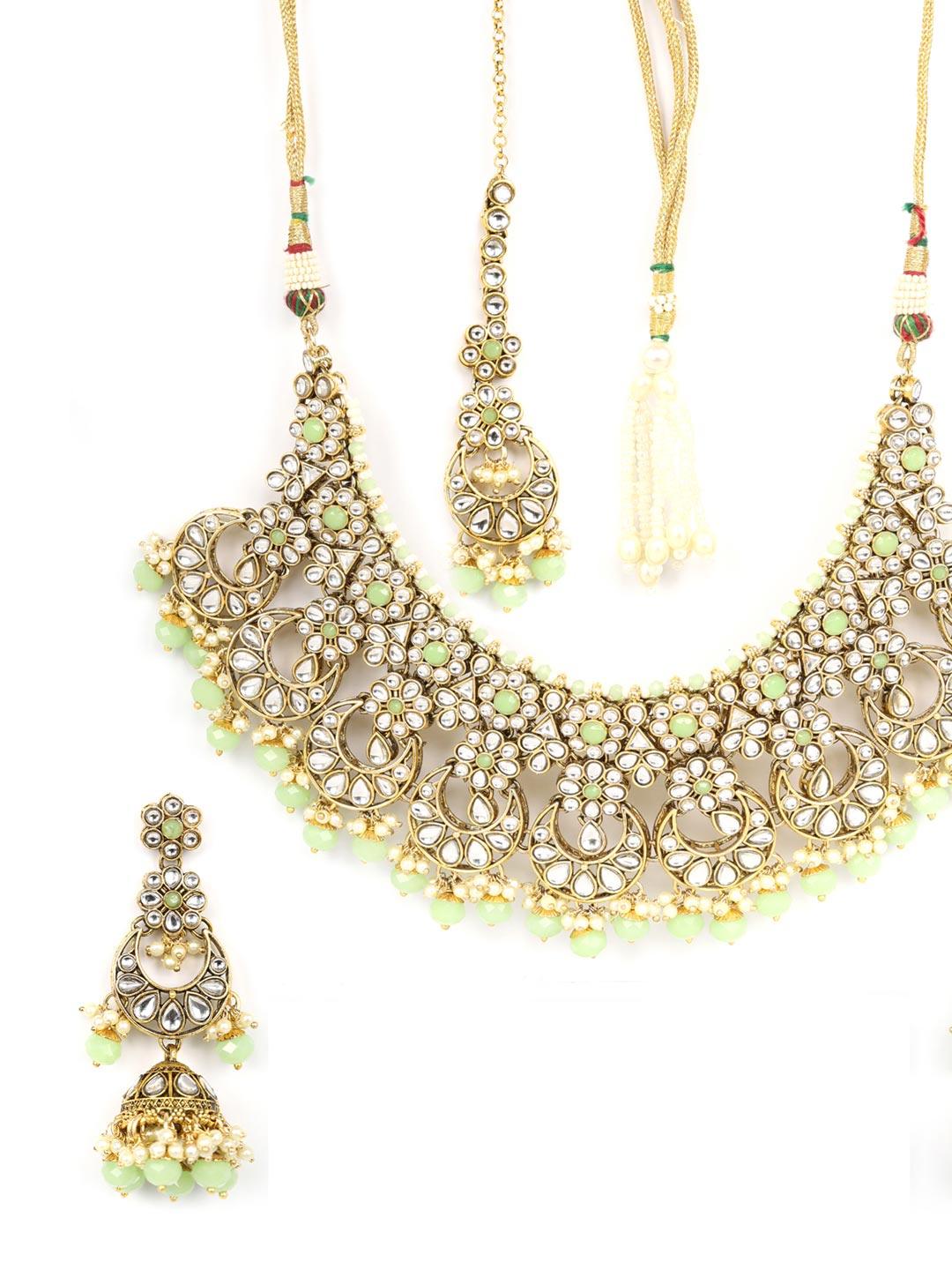 Women's Mint Green Pearls Beads Kundan Gold Plated Choker Set with Maang Tikka - Priyaasi - Indiakreations