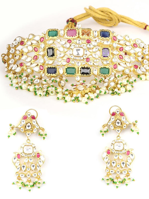 Women's Raabta - Multicolor Kundan Stones Beads Gold Plated Choker Set - Priyaasi - Indiakreations