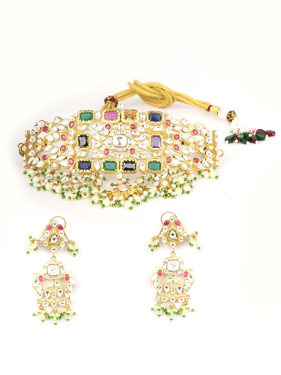 Women's Raabta - Multicolor Kundan Stones Beads Gold Plated Choker Set - Priyaasi - Indiakreations