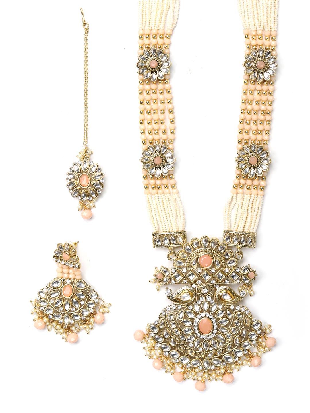 Women's Multi-Color Beads Pearls Gold Plated Rani Haar with Maang Tikka - Priyaasi - Indiakreations