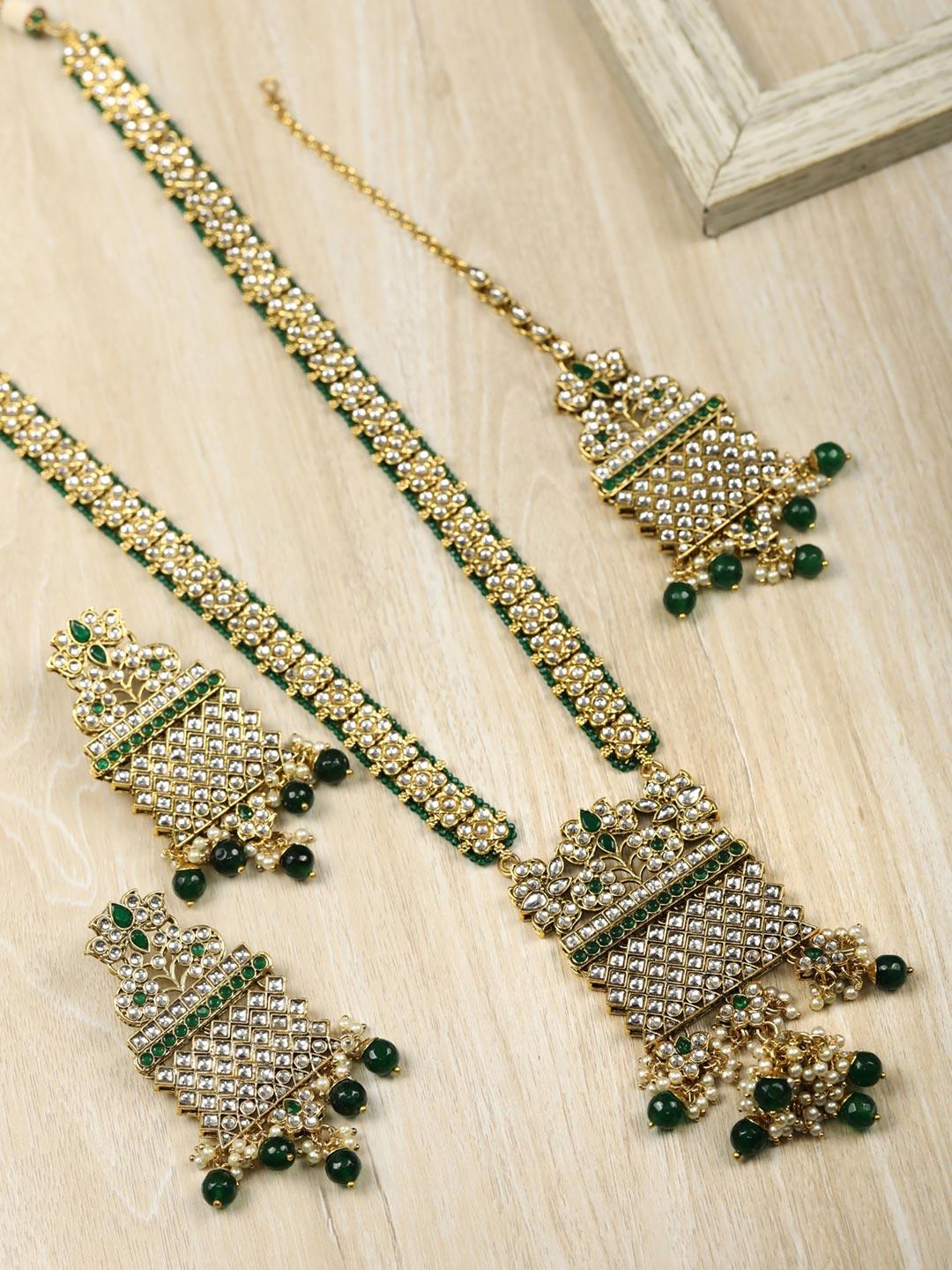 Women's Green Beads Kundan Emerald Gold Plated Rani Haar with Maang Tikka - Priyaasi - Indiakreations