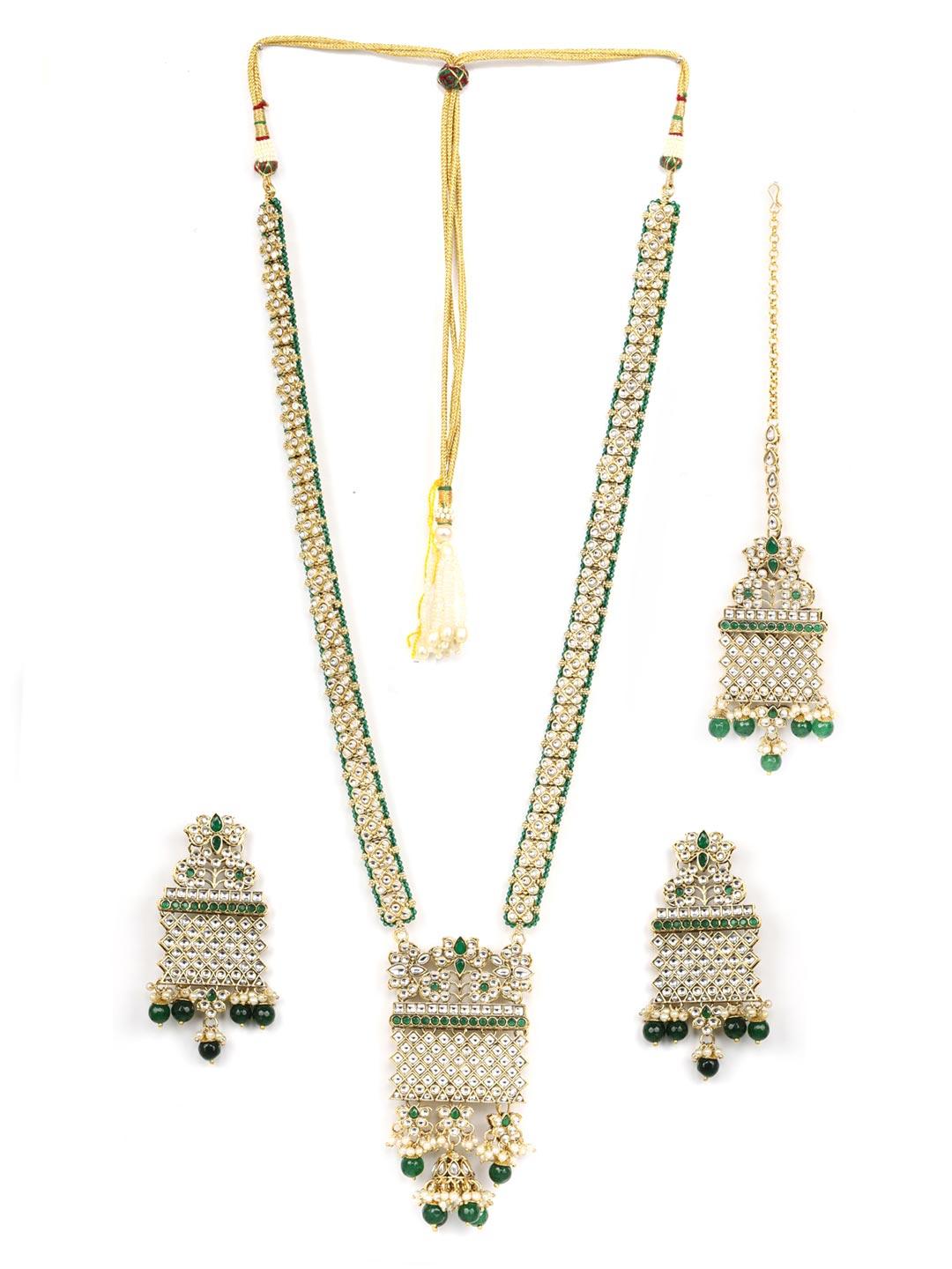 Women's Green Beads Kundan Emerald Gold Plated Rani Haar with Maang Tikka - Priyaasi - Indiakreations