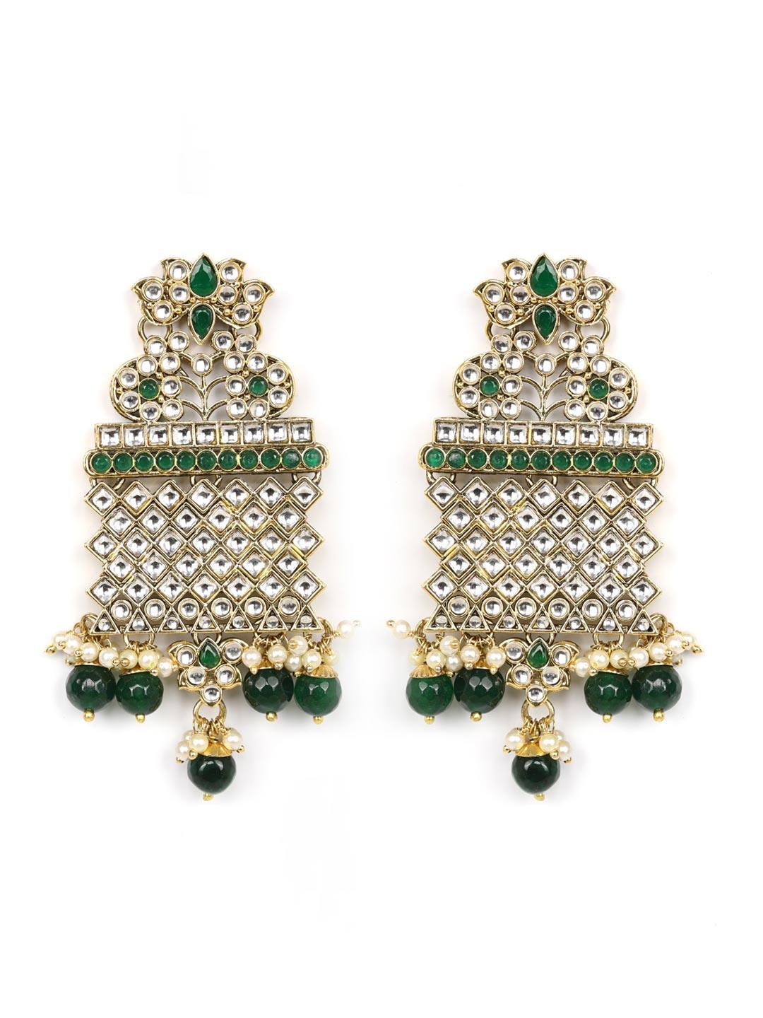 Women's Green Beads Kundan Emerald Gold Plated Rani Haar with Maang Tikka - Priyaasi - Indiakreations