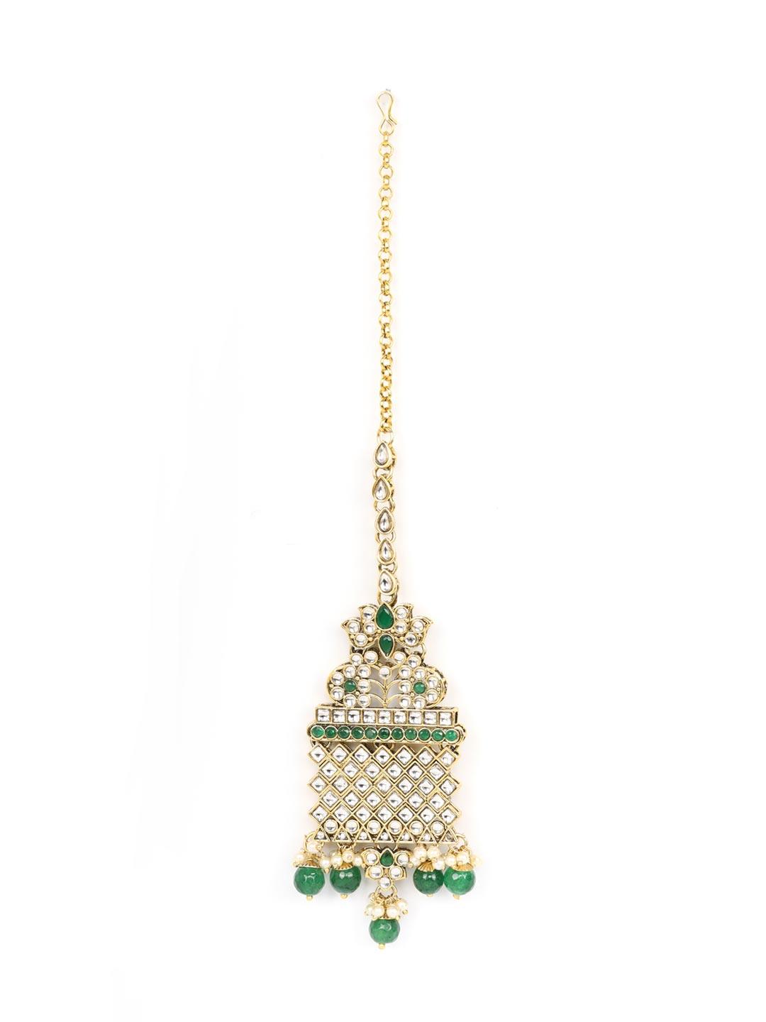 Women's Green Beads Kundan Emerald Gold Plated Rani Haar with Maang Tikka - Priyaasi - Indiakreations