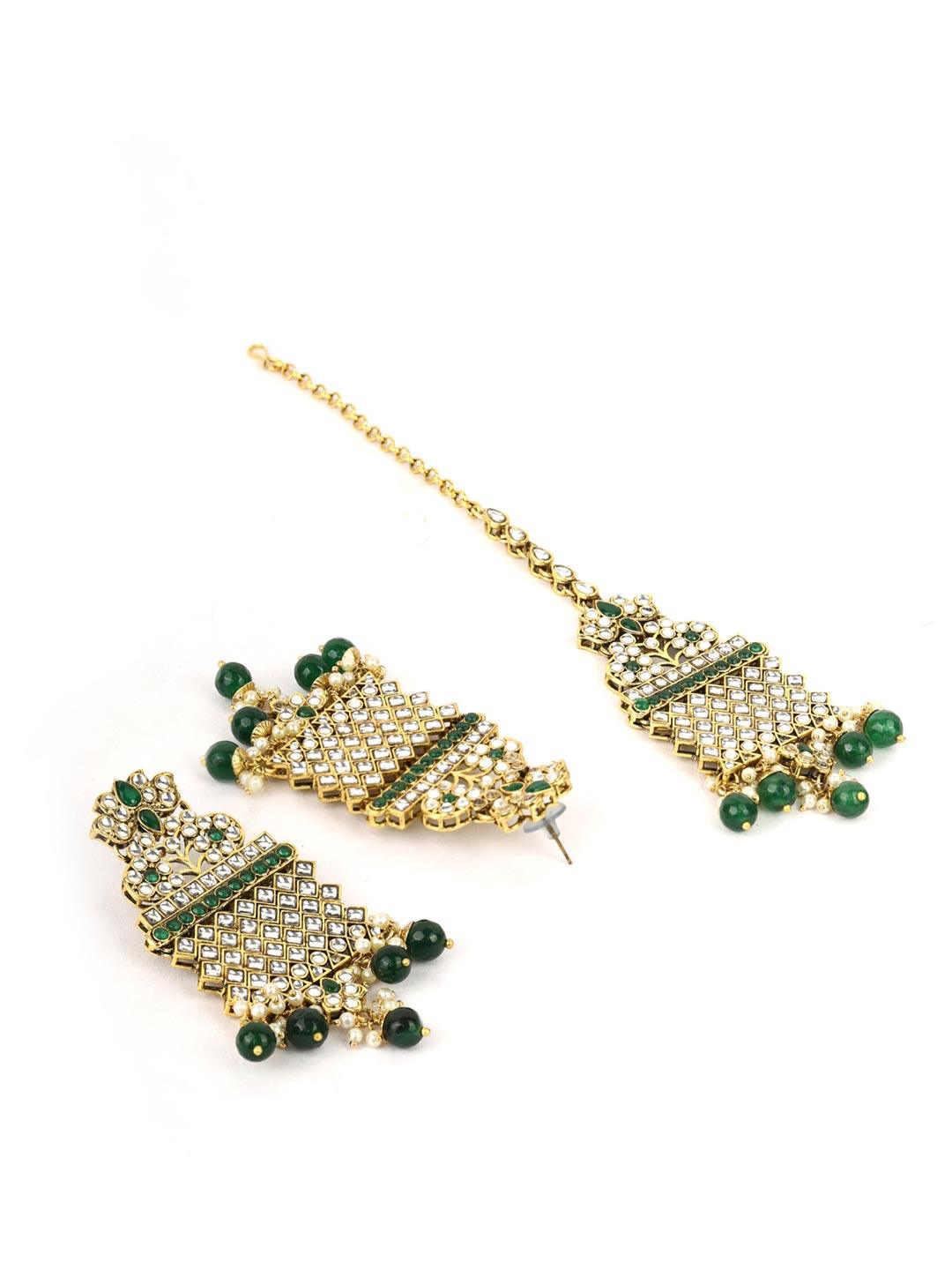 Women's Green Beads Kundan Emerald Gold Plated Rani Haar with Maang Tikka - Priyaasi - Indiakreations