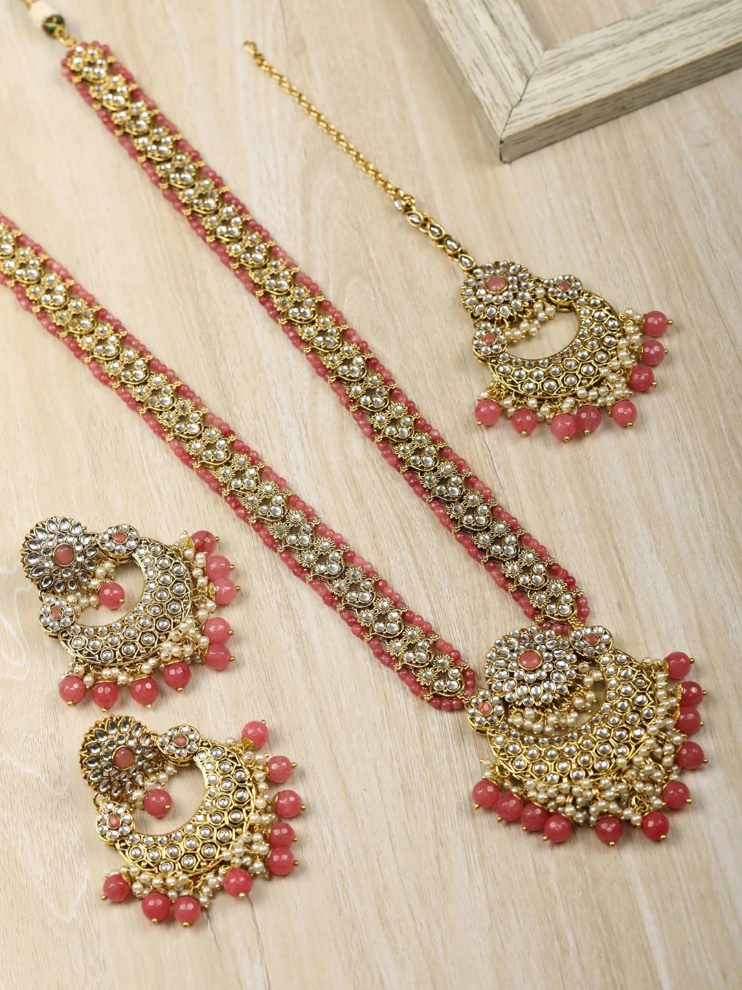 Women's Pink Beads Pearls Kundan Gold Plated Rani Haar with Maang Tikka - Priyaasi - Indiakreations