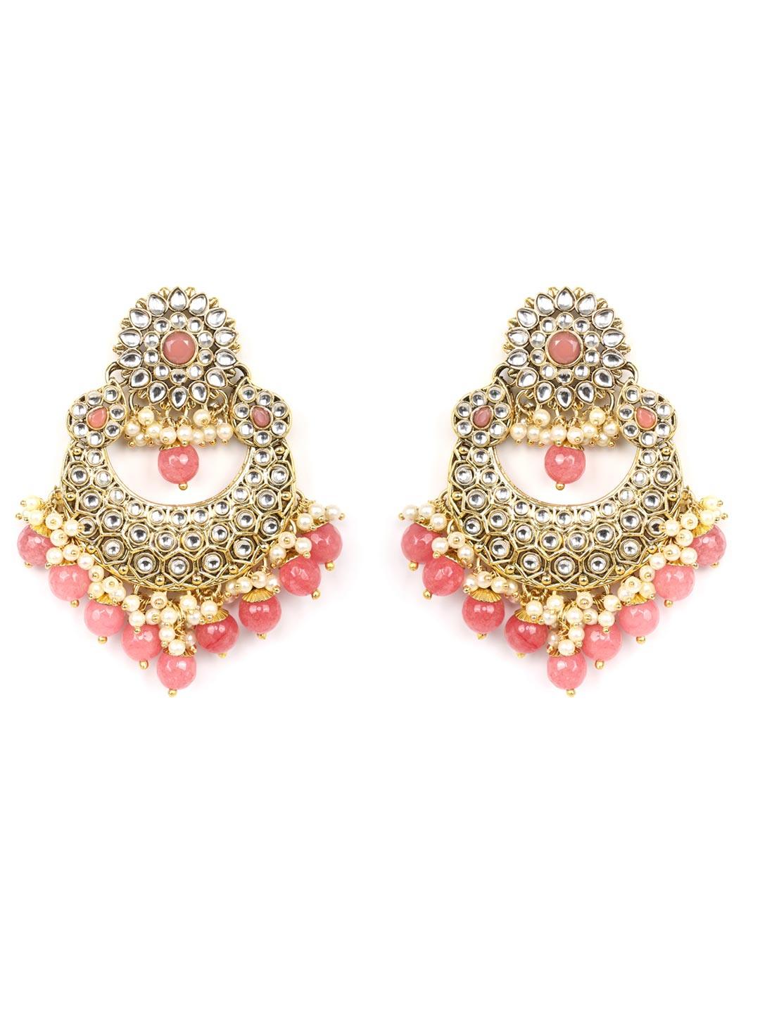 Women's Pink Beads Pearls Kundan Gold Plated Rani Haar with Maang Tikka - Priyaasi - Indiakreations