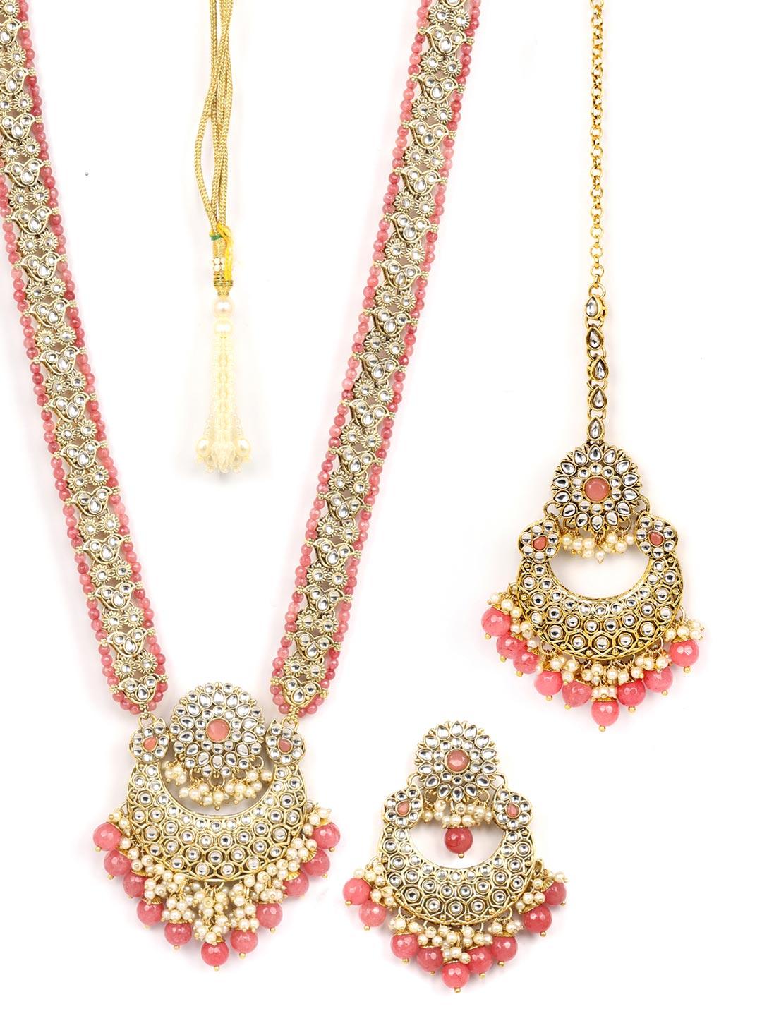 Women's Pink Beads Pearls Kundan Gold Plated Rani Haar with Maang Tikka - Priyaasi - Indiakreations