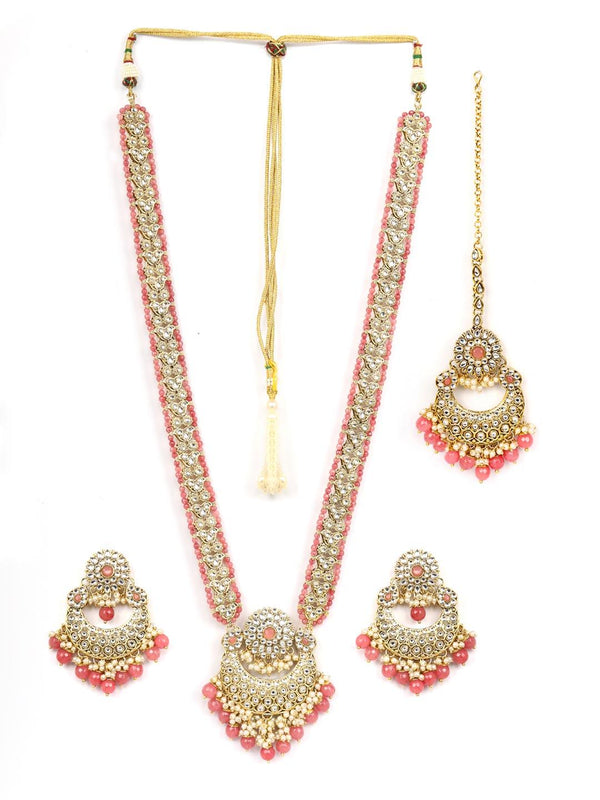 Women's Pink Beads Pearls Kundan Gold Plated Rani Haar with Maang Tikka - Priyaasi - Indiakreations