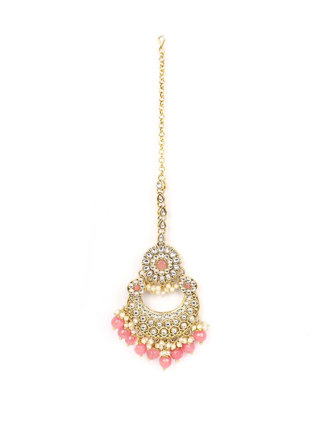 Women's Pink Beads Pearls Kundan Gold Plated Rani Haar with Maang Tikka - Priyaasi - Indiakreations