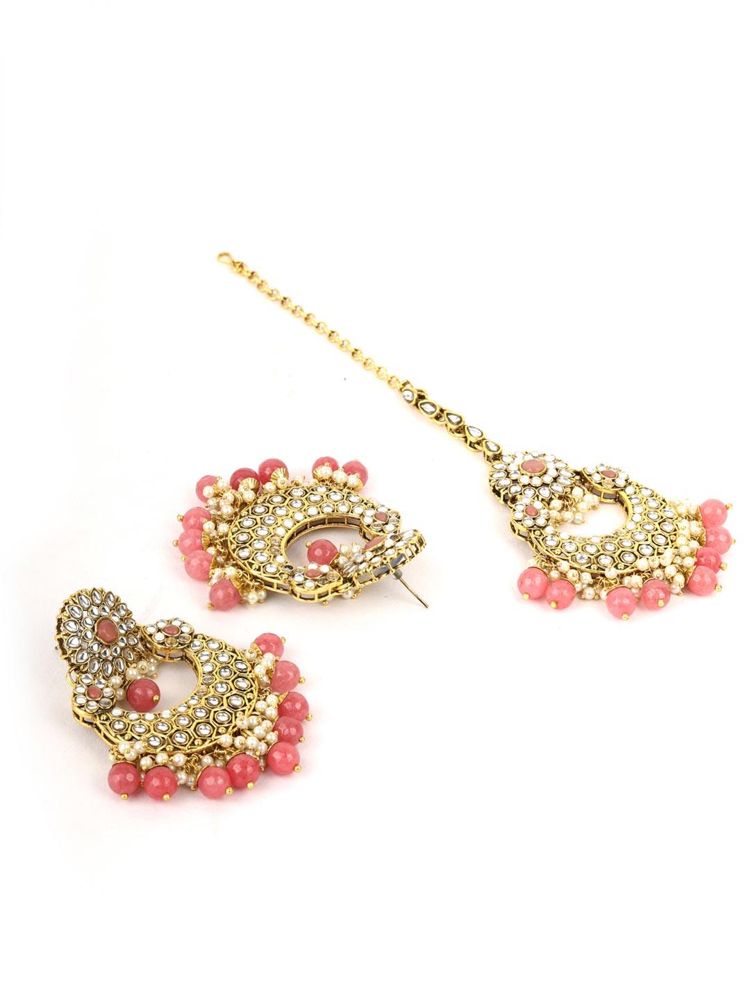 Women's Pink Beads Pearls Kundan Gold Plated Rani Haar with Maang Tikka - Priyaasi - Indiakreations