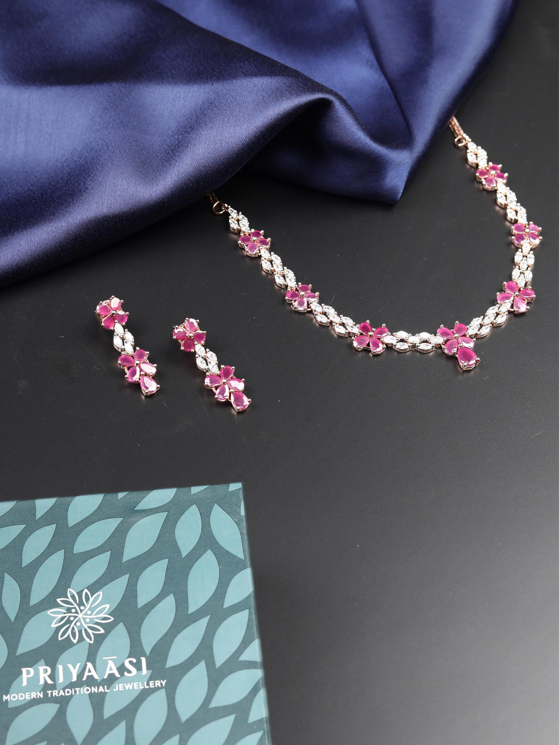 Women's Radiant Ruby-Floral American Diamond Rose Gold Jewellery Set - Priyaasi - Indiakreations