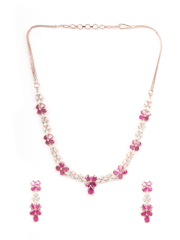 Women's Radiant Ruby-Floral American Diamond Rose Gold Jewellery Set - Priyaasi