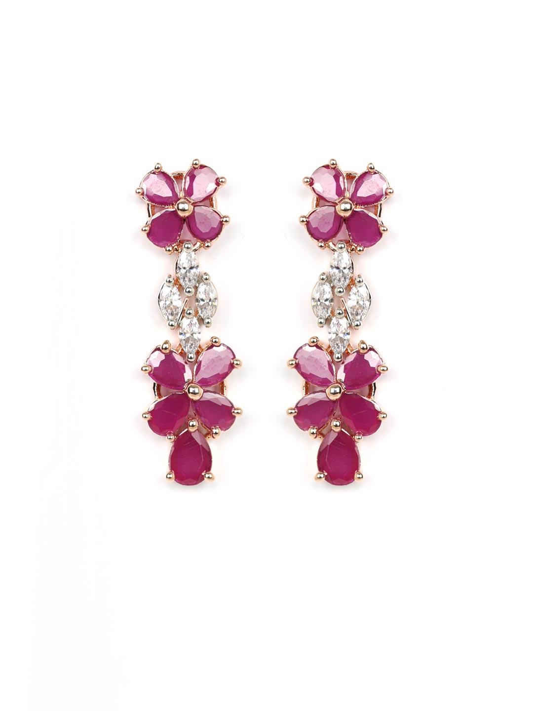 Women's Radiant Ruby-Floral American Diamond Rose Gold Jewellery Set - Priyaasi - Indiakreations