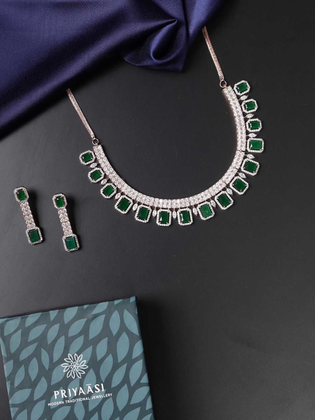 Women's Emerald American Diamond Rose Gold Plated Jewellery Set - Priyaasi - Indiakreations