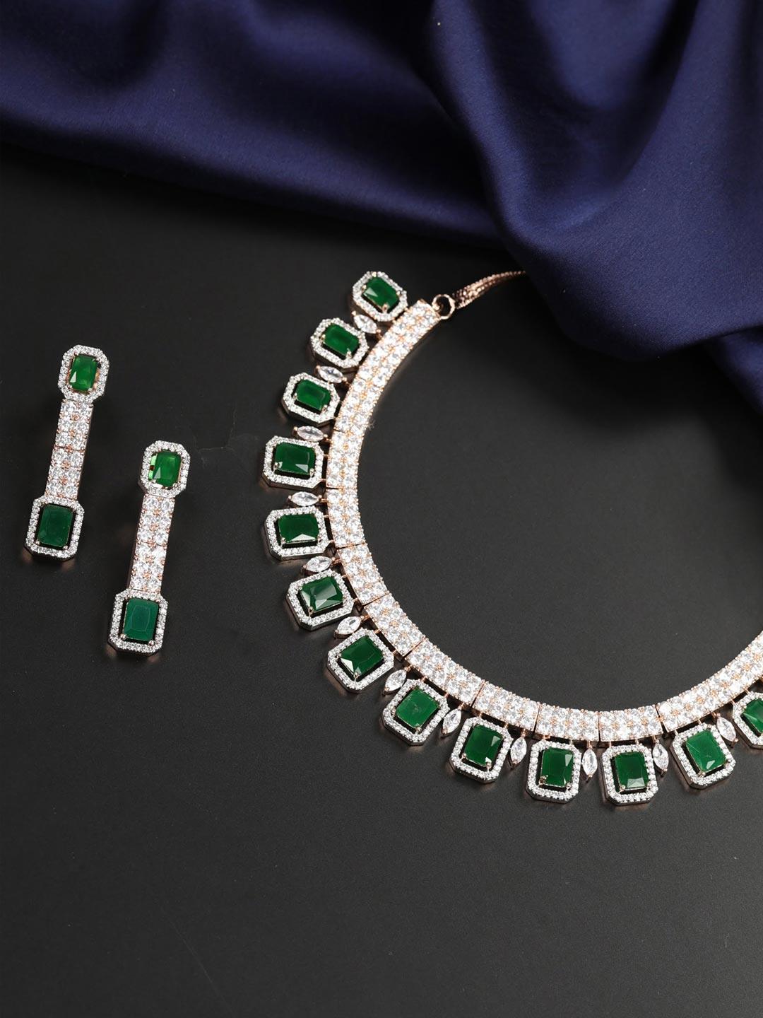 Women's Emerald American Diamond Rose Gold Plated Jewellery Set - Priyaasi - Indiakreations