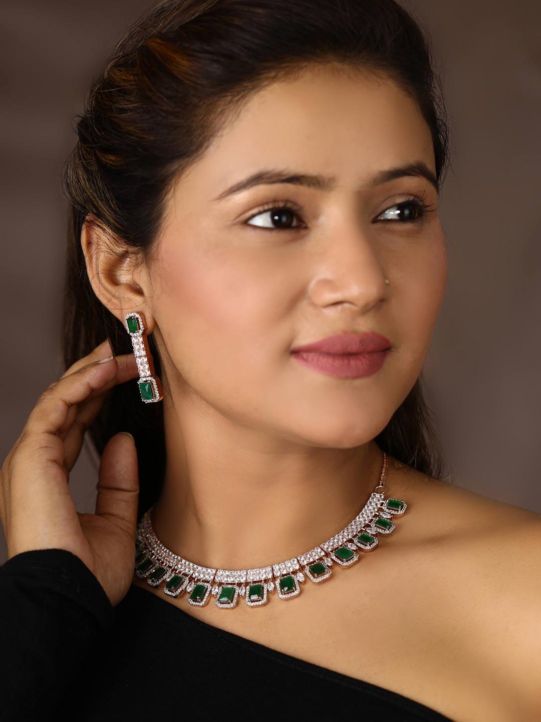 Women's Emerald American Diamond Rose Gold Plated Jewellery Set - Priyaasi - Indiakreations