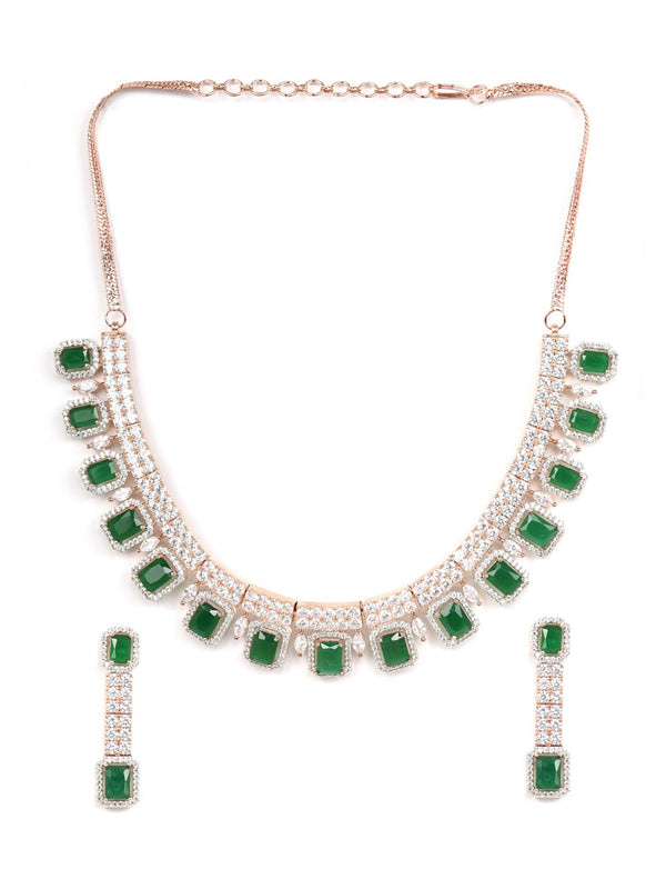 Women's Emerald American Diamond Rose Gold Plated Jewellery Set - Priyaasi