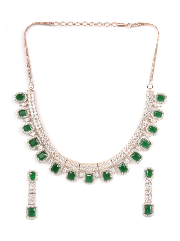 Women's Emerald American Diamond Rose Gold Plated Jewellery Set - Priyaasi - Indiakreations