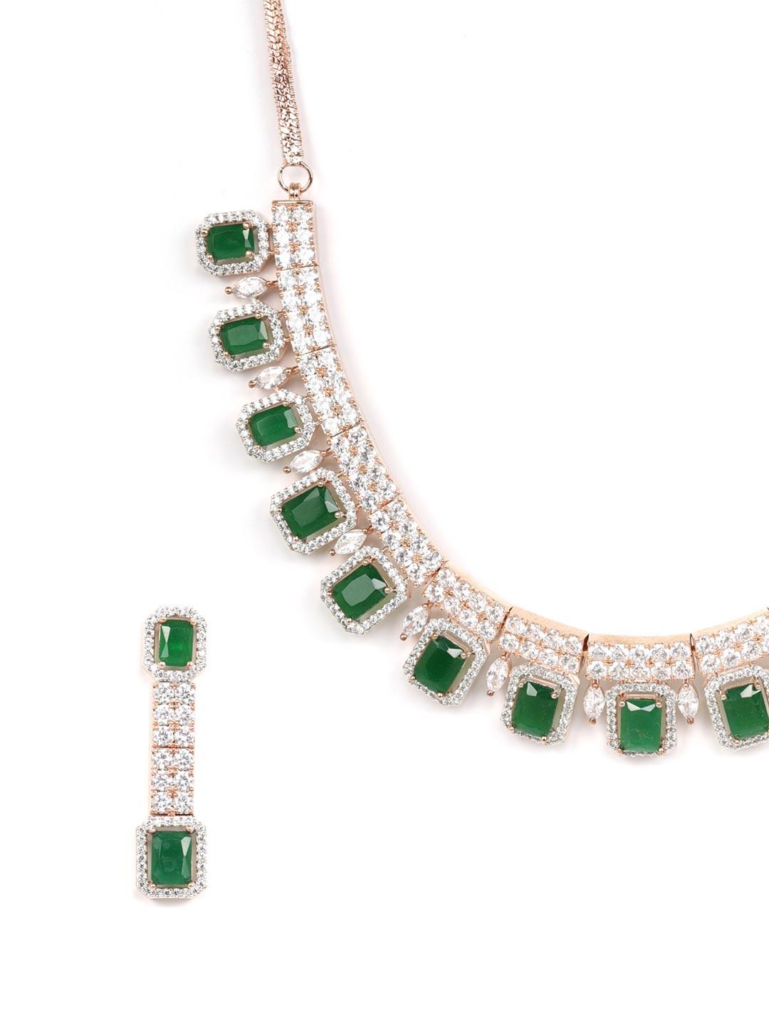 Women's Emerald American Diamond Rose Gold Plated Jewellery Set - Priyaasi - Indiakreations