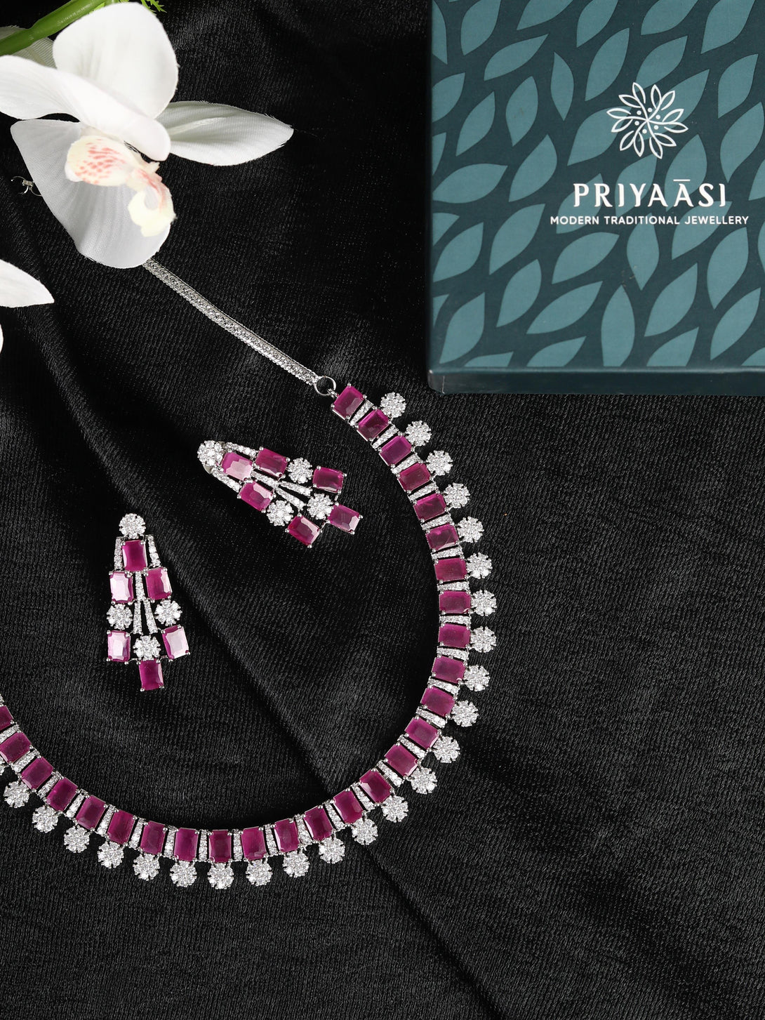 Women's Crimson Love - Ruby American Diamond Silver Plated Jewellery Set - Priyaasi - Indiakreations