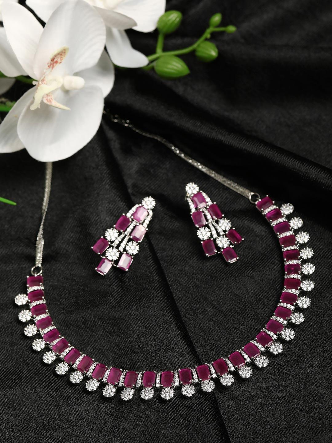 Women's Crimson Love - Ruby American Diamond Silver Plated Jewellery Set - Priyaasi - Indiakreations