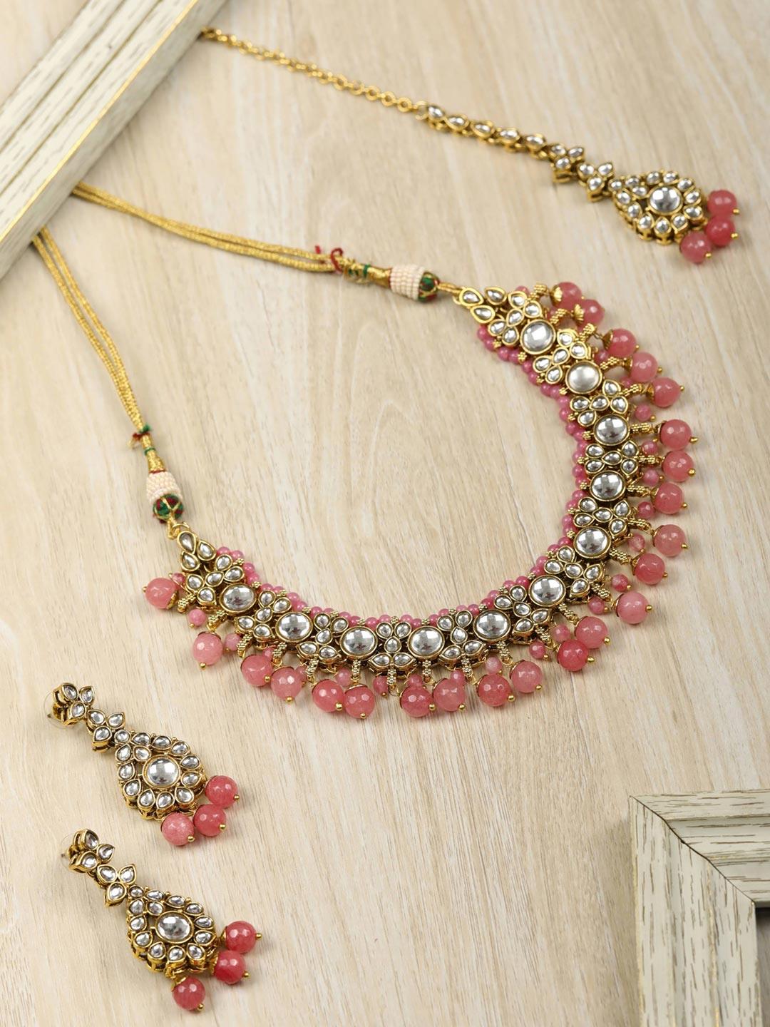 Women's Pink Beads Pearls Kundan Gold Plated Jewellery Set with Maang Tikka - Priyaasi - Indiakreations