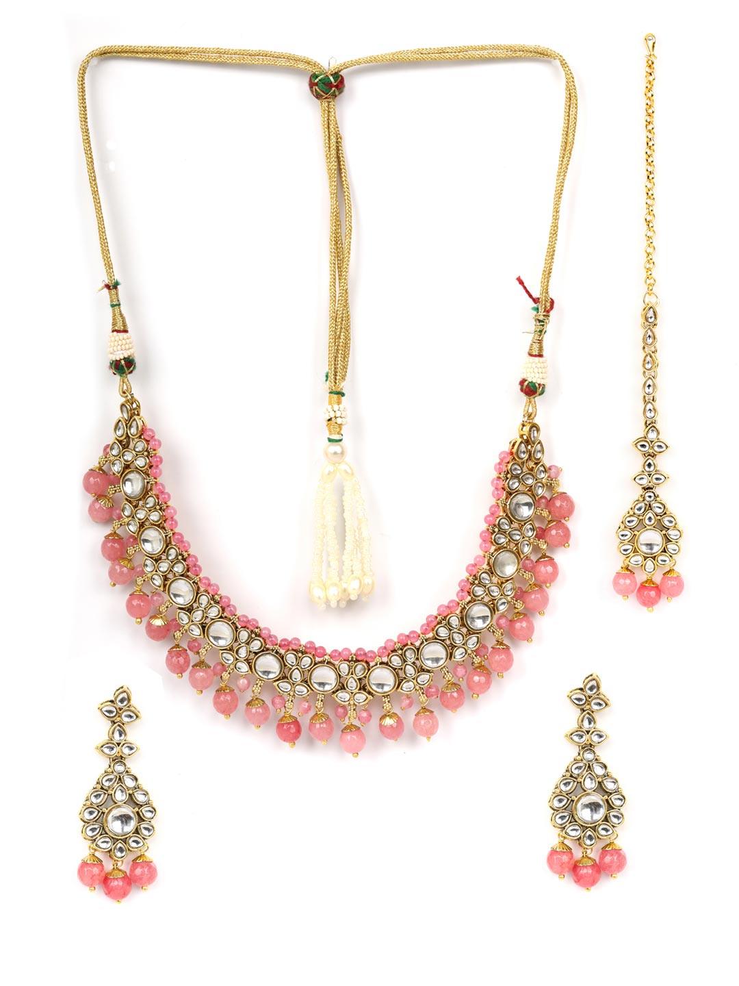 Women's Pink Beads Pearls Kundan Gold Plated Jewellery Set with Maang Tikka - Priyaasi - Indiakreations