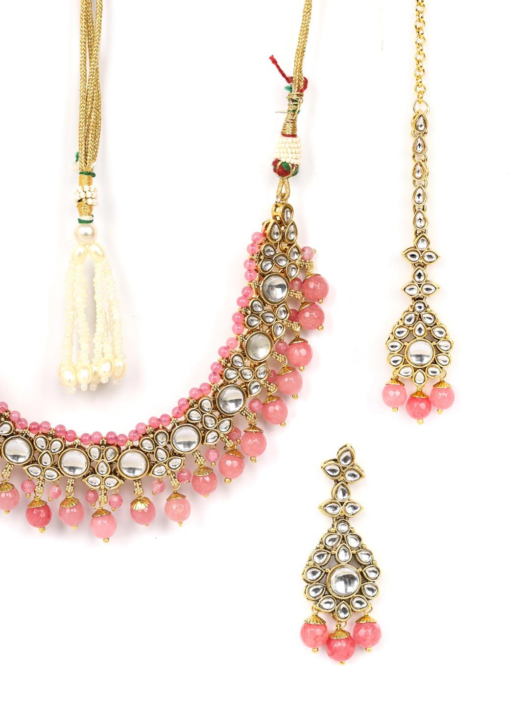 Women's Pink Beads Pearls Kundan Gold Plated Jewellery Set with Maang Tikka - Priyaasi - Indiakreations