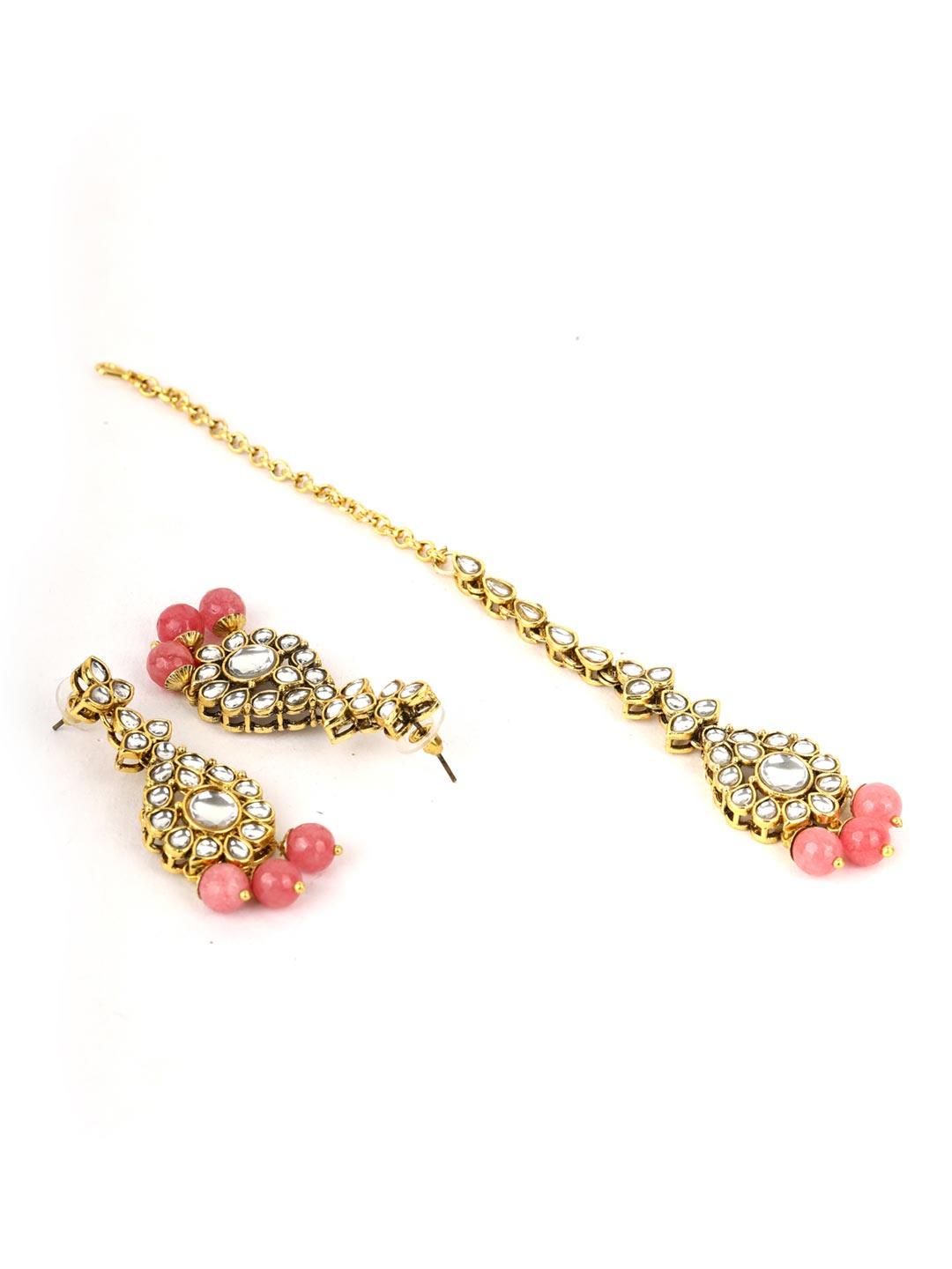 Women's Pink Beads Pearls Kundan Gold Plated Jewellery Set with Maang Tikka - Priyaasi - Indiakreations