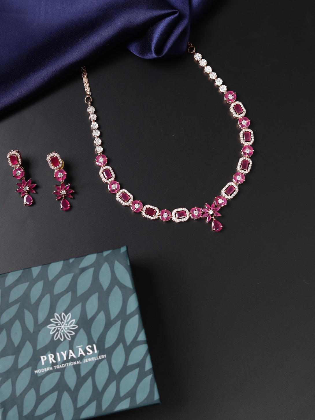 Women's Ruby American Diamond Rose Gold Plated Jewellery Set - Priyaasi - Indiakreations