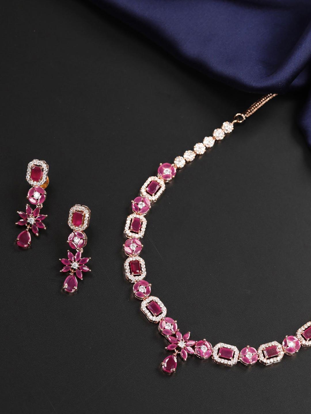 Women's Ruby American Diamond Rose Gold Plated Jewellery Set - Priyaasi - Indiakreations