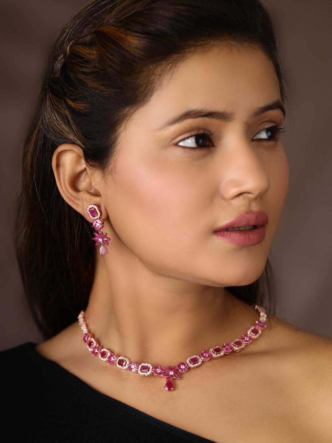 Women's Ruby American Diamond Rose Gold Plated Jewellery Set - Priyaasi - Indiakreations