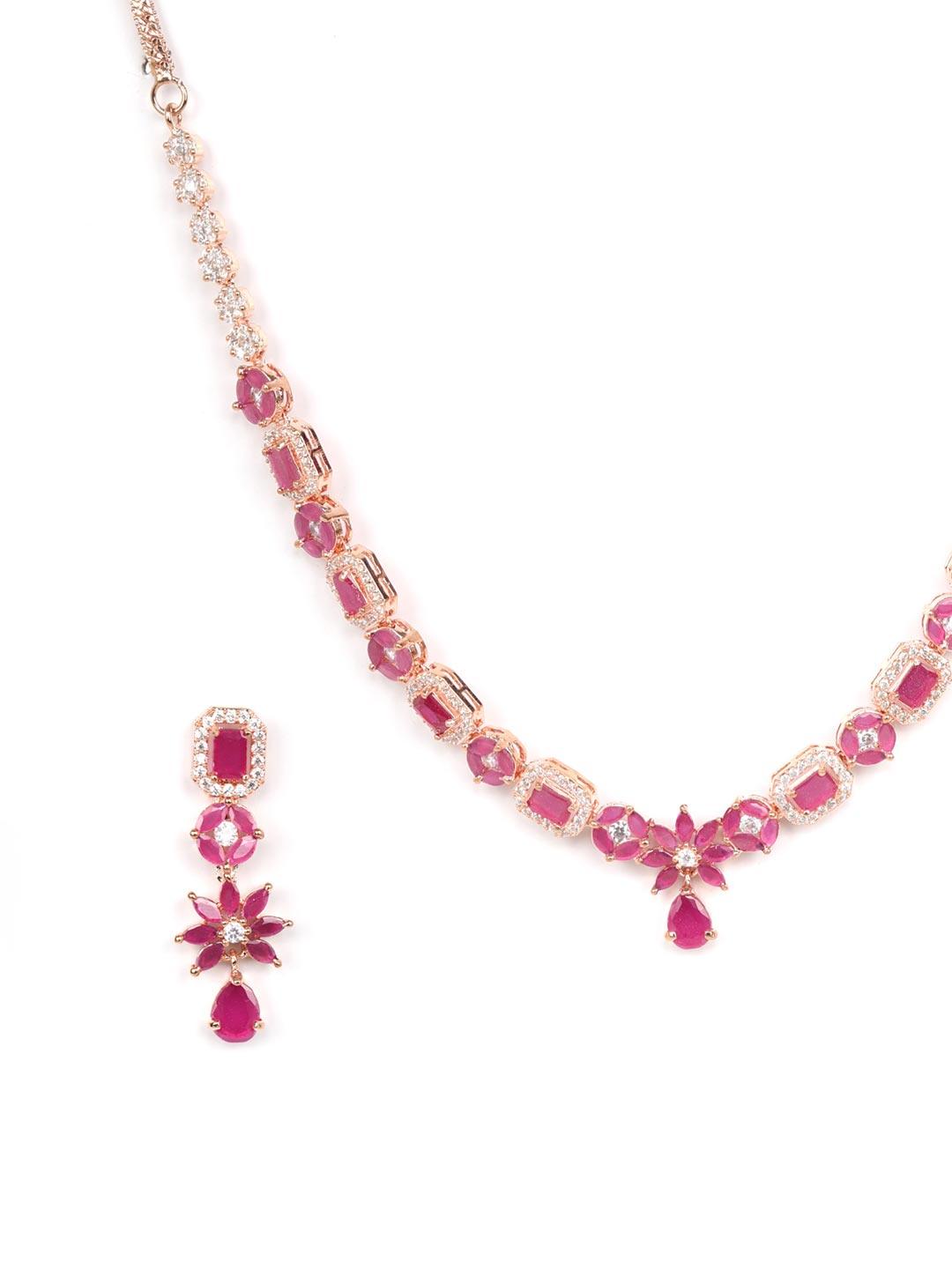 Women's Ruby American Diamond Rose Gold Plated Jewellery Set - Priyaasi - Indiakreations