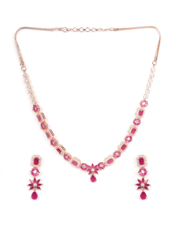 Women's Ruby American Diamond Rose Gold Plated Jewellery Set - Priyaasi