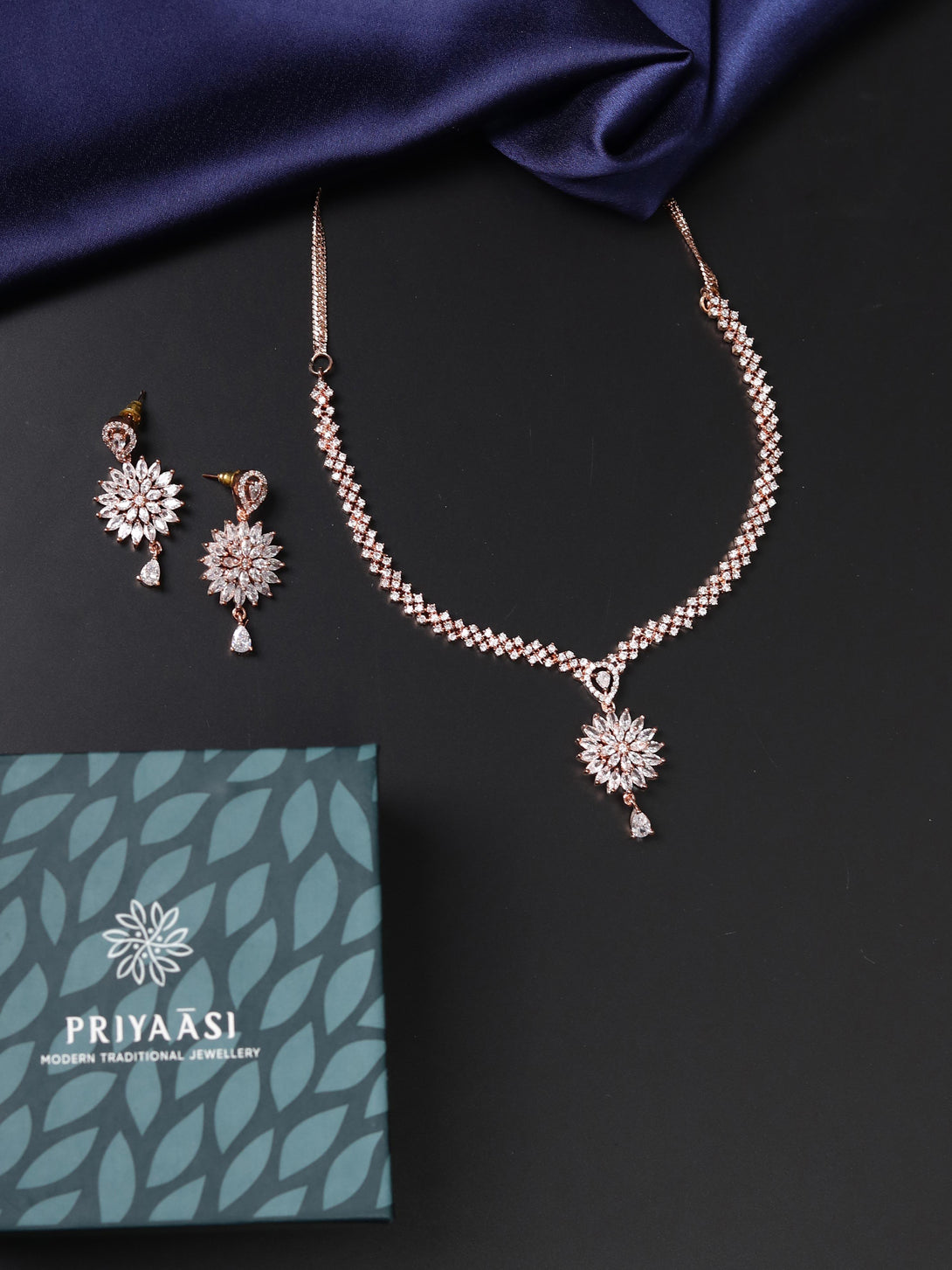 Women's Dreamy Dahlia - American Diamond Rose Gold Plated Jewellery Set - Priyaasi - Indiakreations