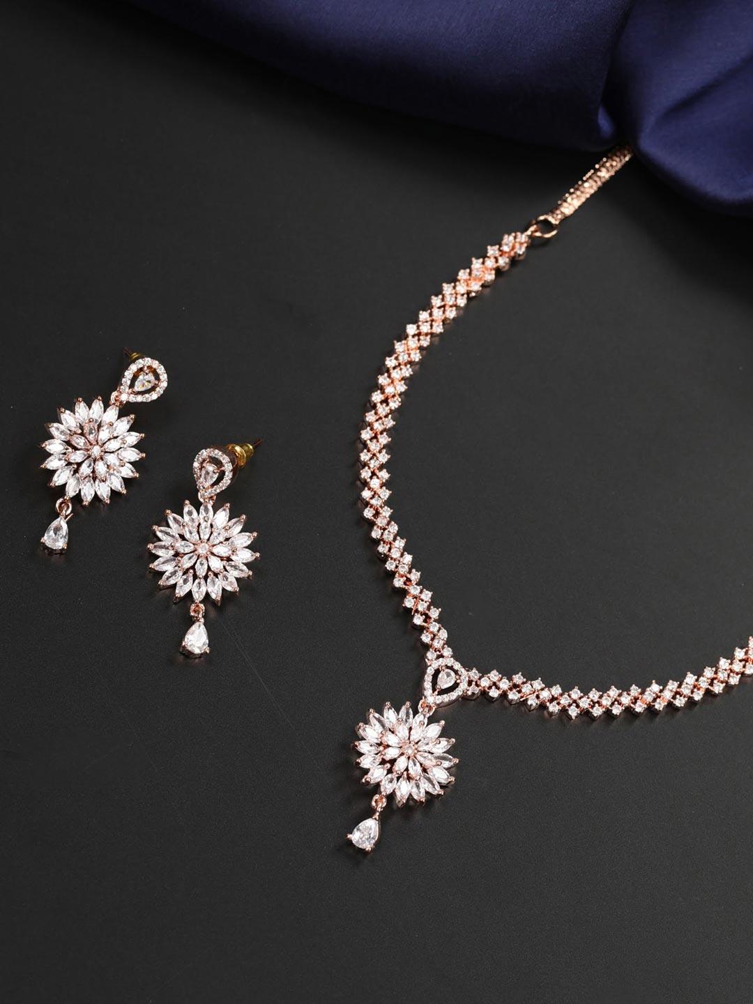 Women's Dreamy Dahlia - American Diamond Rose Gold Plated Jewellery Set - Priyaasi - Indiakreations