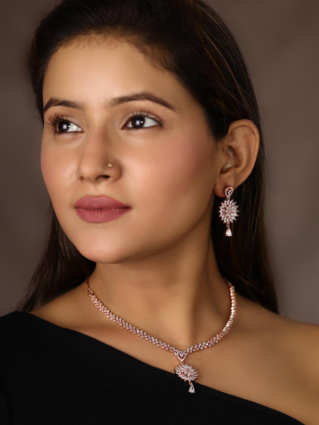 Women's Dreamy Dahlia - American Diamond Rose Gold Plated Jewellery Set - Priyaasi - Indiakreations