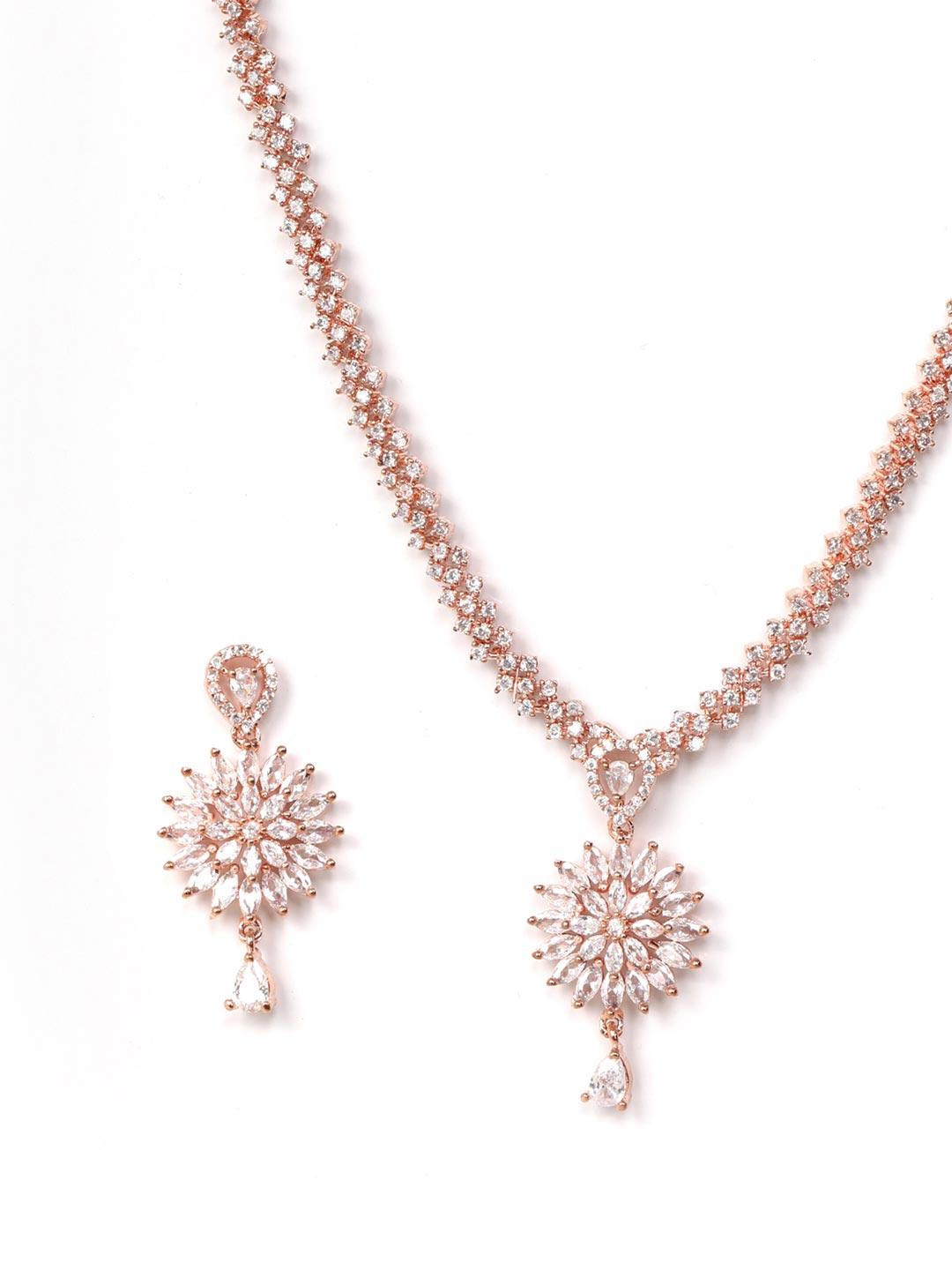 Women's Dreamy Dahlia - American Diamond Rose Gold Plated Jewellery Set - Priyaasi - Indiakreations