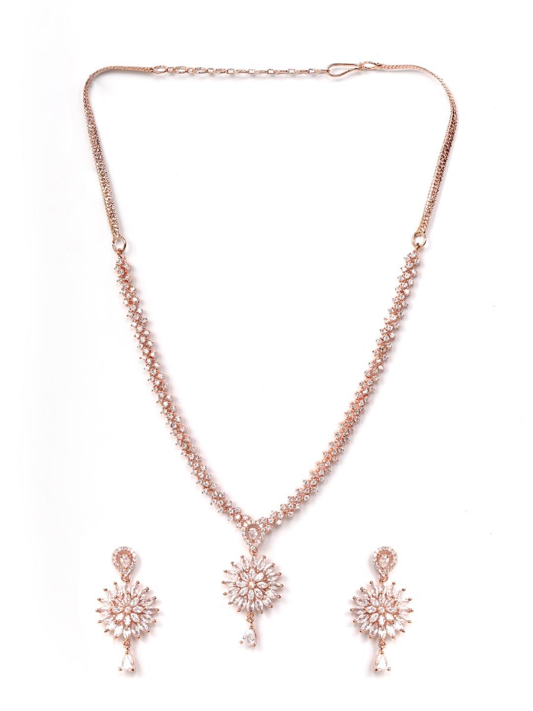 Women's Dreamy Dahlia - American Diamond Rose Gold Plated Jewellery Set - Priyaasi - Indiakreations