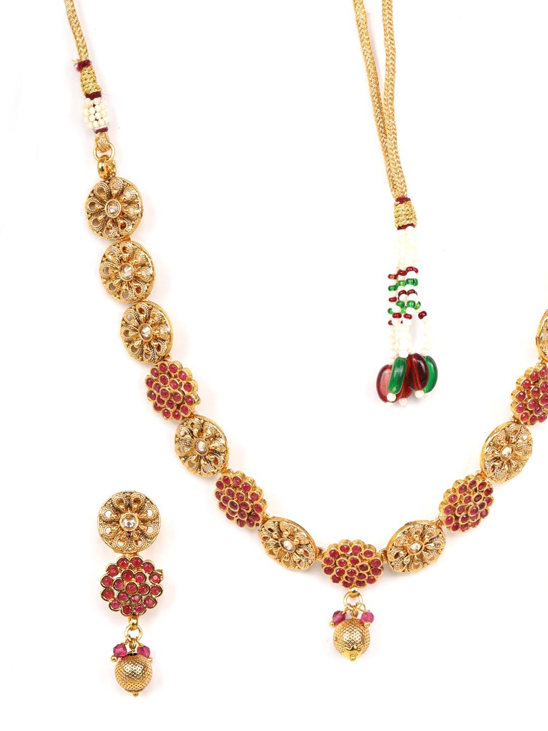 Women's Ruby Kundan Pearls Gold Plated Jewellery Set - Priyaasi - Indiakreations