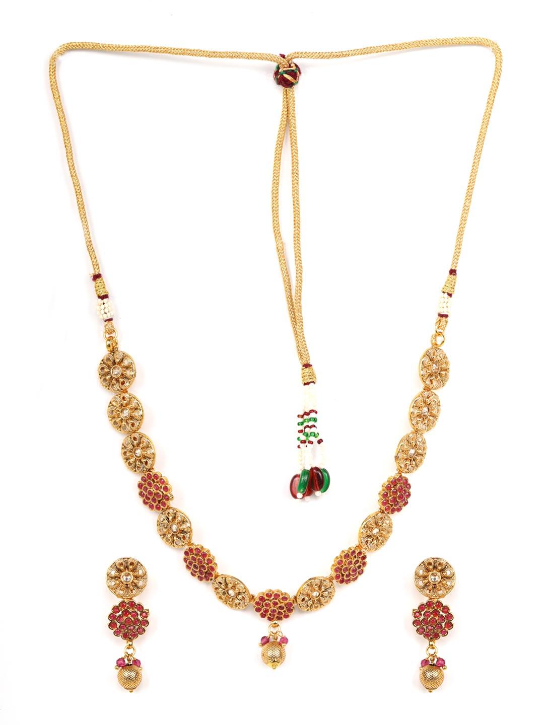 Women's Ruby Kundan Pearls Gold Plated Jewellery Set - Priyaasi - Indiakreations