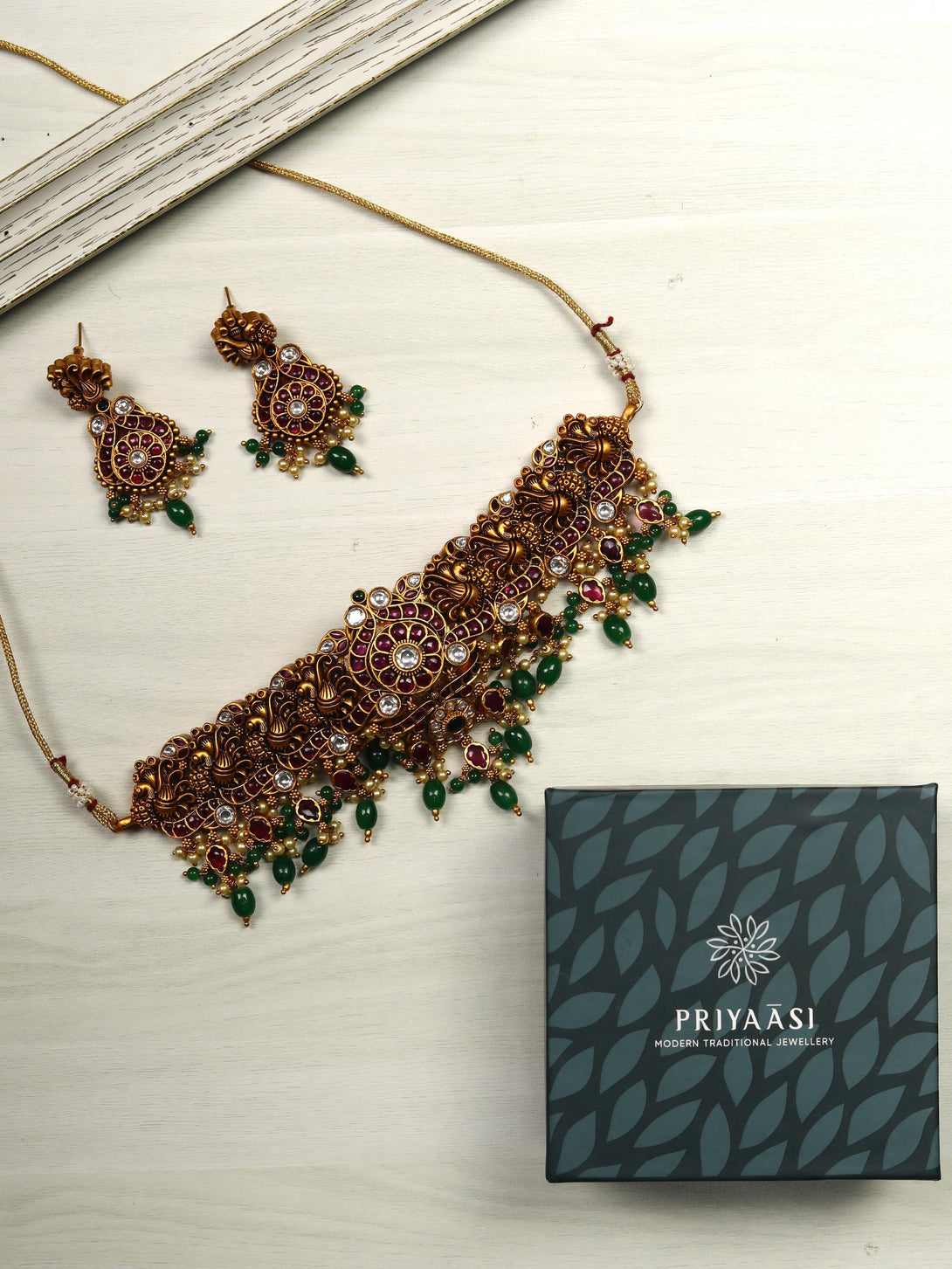 Women's Green Pearls Beads Ruby Stones Gold Plated Peacock Choker - Priyaasi - Indiakreations