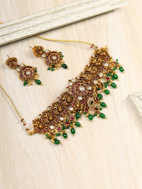 Women's Green Pearls Beads Ruby Stones Gold Plated Peacock Choker - Priyaasi