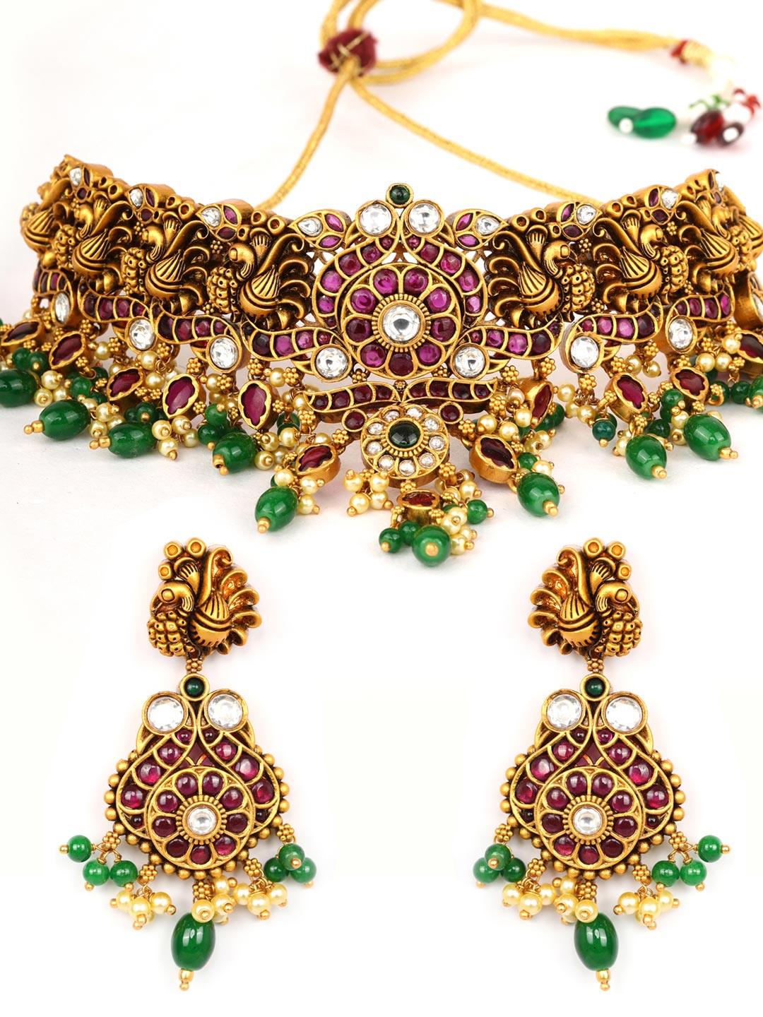 Women's Green Pearls Beads Ruby Stones Gold Plated Peacock Choker - Priyaasi - Indiakreations