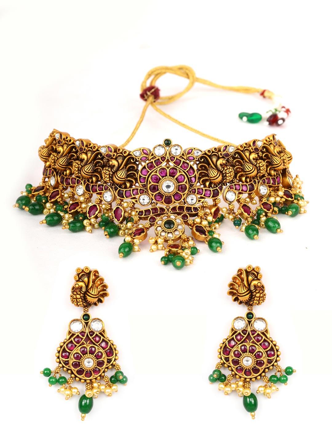 Women's Green Pearls Beads Ruby Stones Gold Plated Peacock Choker - Priyaasi - Indiakreations