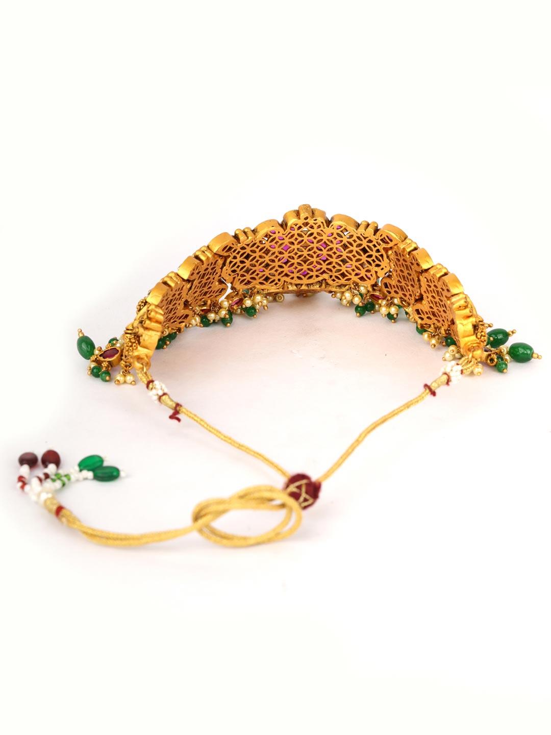 Women's Green Pearls Beads Ruby Stones Gold Plated Peacock Choker - Priyaasi - Indiakreations