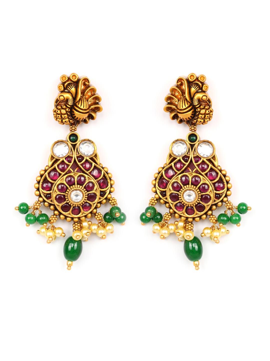 Women's Green Pearls Beads Ruby Stones Gold Plated Peacock Choker - Priyaasi - Indiakreations