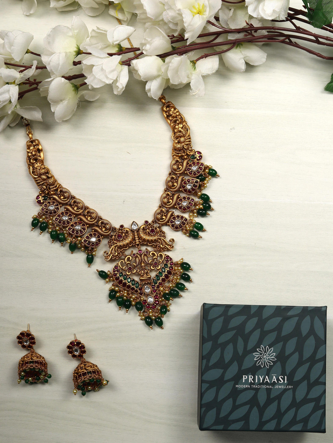Women's Emerald Ruby Pearls Beads Stones Gold Plated Peacock Choker Set - Priyaasi - Indiakreations