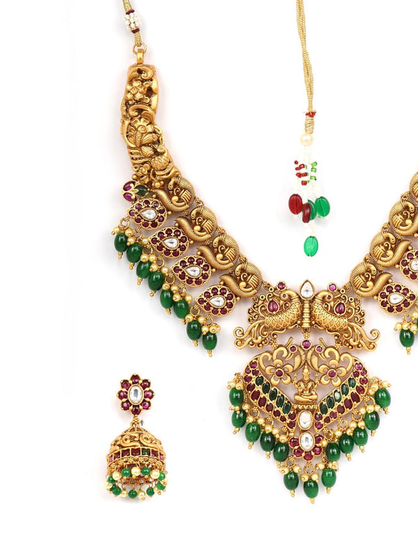 Women's Emerald Ruby Pearls Beads Stones Gold Plated Peacock Choker Set - Priyaasi - Indiakreations